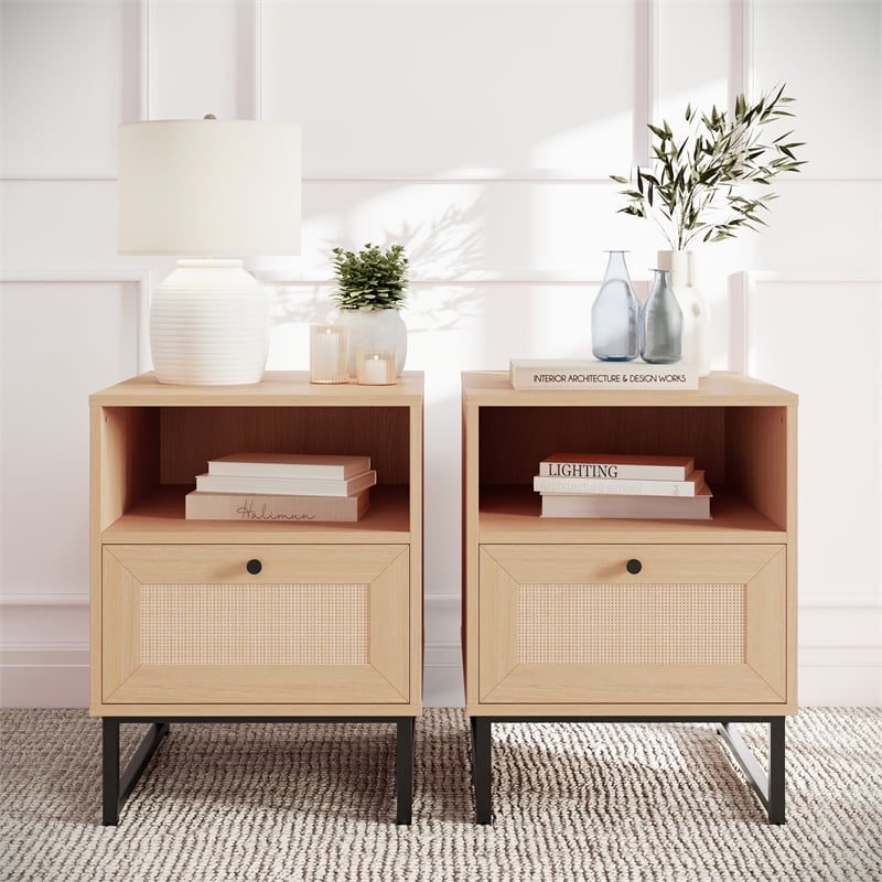 Set of 2 Mid-Century Modern Side Tables with Drawer and Shelf - Natural