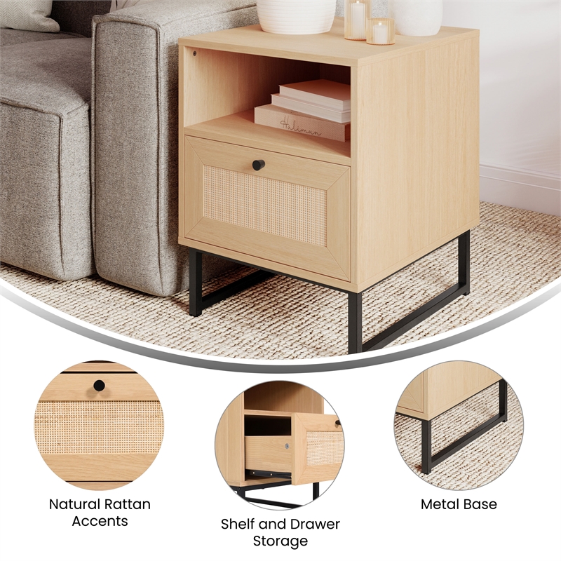 Mid-Century Modern Side Table with Storage Drawer and Shelf in Natural