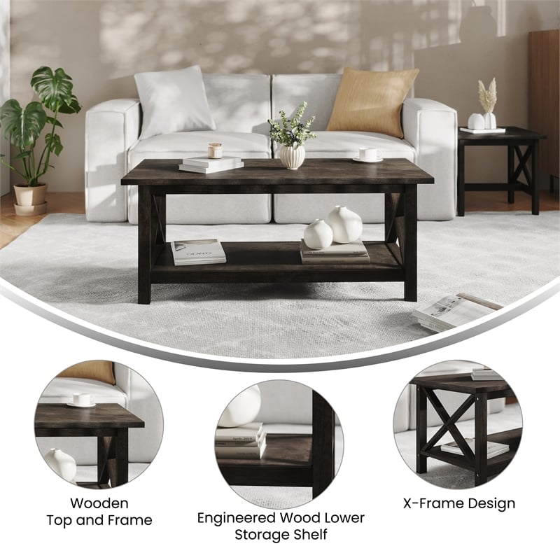 Flash Furniture Solid Wood Traditional Farmhouse Coffee Table in Dark Gray