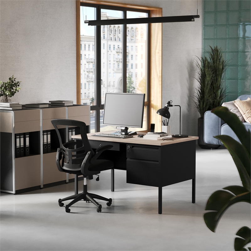 Commercial Right Side Single Pedestal Desk-3 Locking Drawers in White Oak-30x48