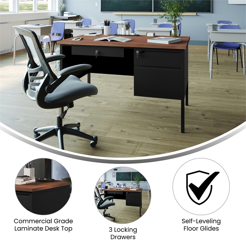 Commercial Right Side Single Pedestal Desk-3 Locking Drawers in Walnut-30x48