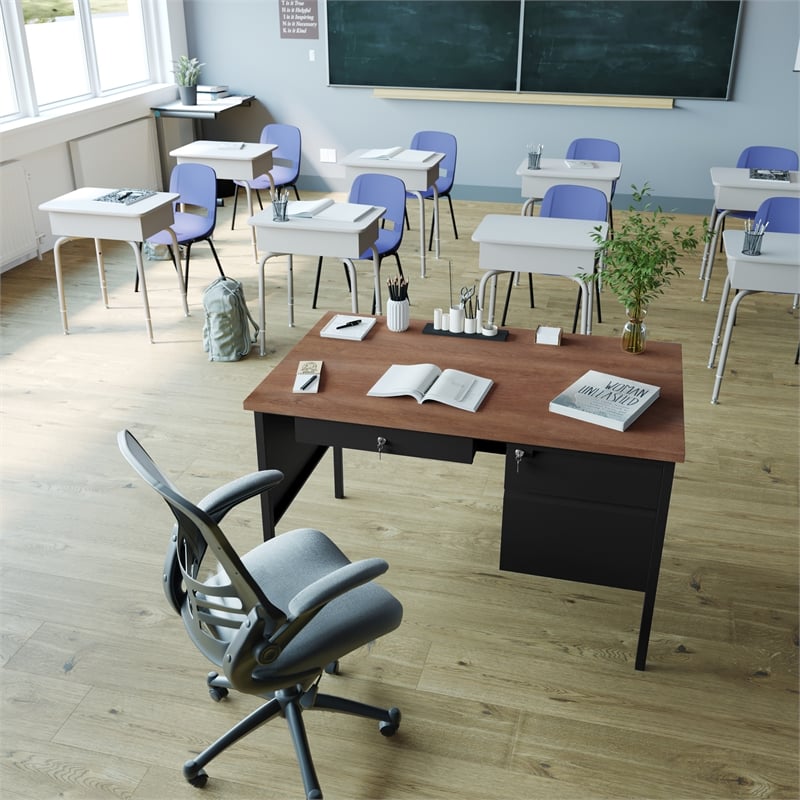 Commercial Right Side Single Pedestal Desk-3 Locking Drawers in Walnut-30x48