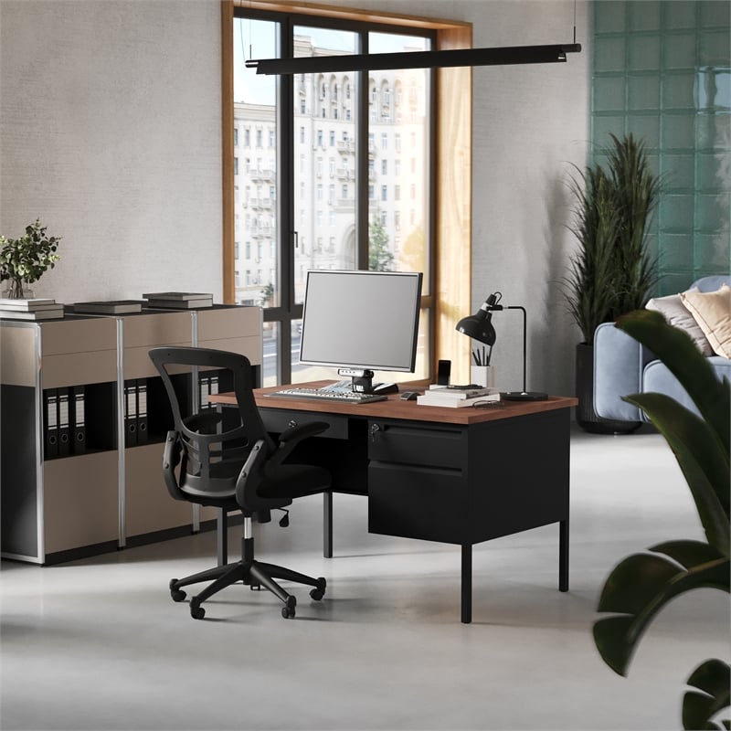 Commercial Right Side Single Pedestal Desk-3 Locking Drawers in Walnut-30x48