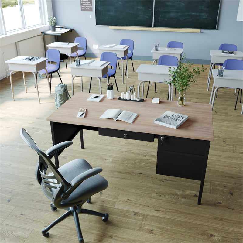Commercial Right Side Single Pedestal Desk-3 Locking Drawers in White Oak-30x60