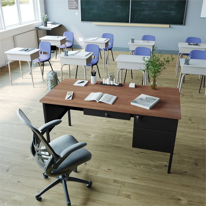 Commercial Right Side Single Pedestal Desk-3 Locking Drawers in Walnut-30x60
