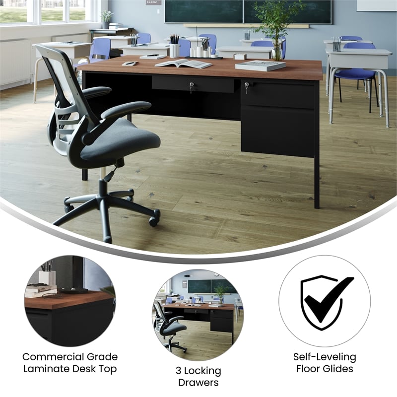 Commercial Right Side Single Pedestal Desk-3 Locking Drawers in Walnut-30x60