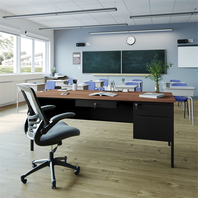 Commercial Right Side Single Pedestal Desk-3 Locking Drawers in Walnut-30x70