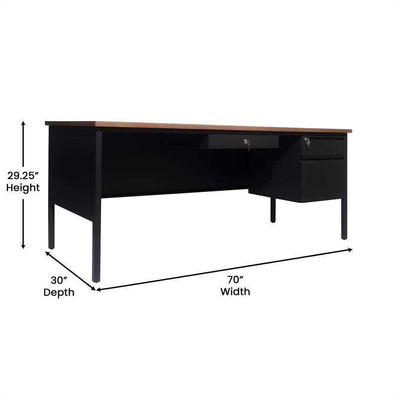 Commercial Right Side Single Pedestal Desk-3 Locking Drawers in Walnut-30x70