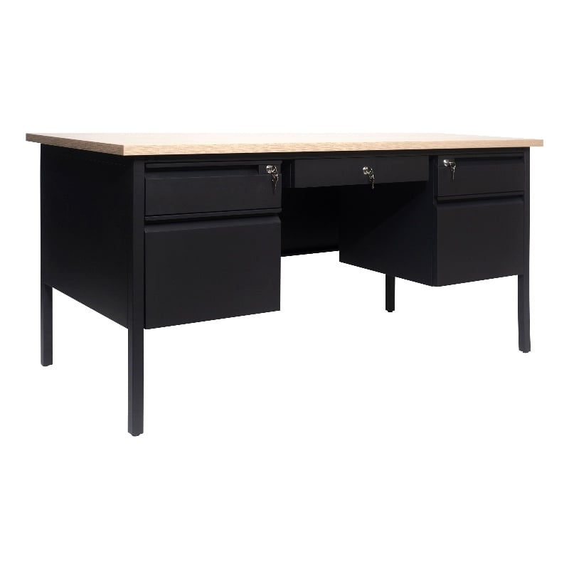 Commercial Double Pedestal Desk with 5 Locking Drawers in White Oak-50x60