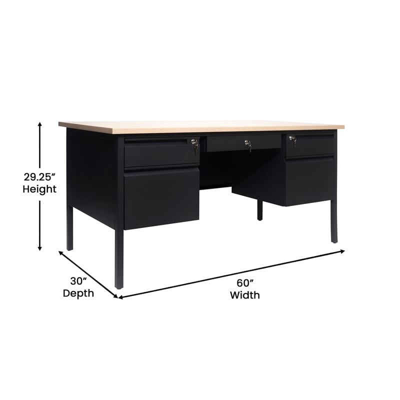 Commercial Double Pedestal Desk with 5 Locking Drawers in White Oak-50x60