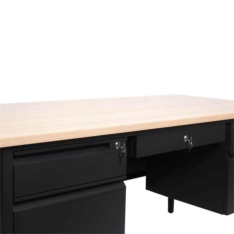 Commercial Double Pedestal Desk with 5 Locking Drawers in White Oak-50x60