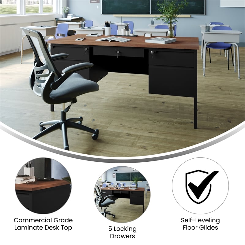 Commercial Double Pedestal Desk with 5 Locking Drawers in Walnut-50x60