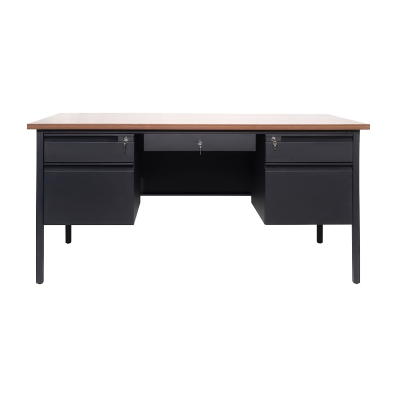 Commercial Double Pedestal Desk with 5 Locking Drawers in Walnut-50x60