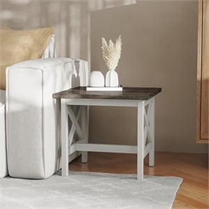 Solid Wood Traditional Farmhouse End Table in Acacia Gray and Rustic White