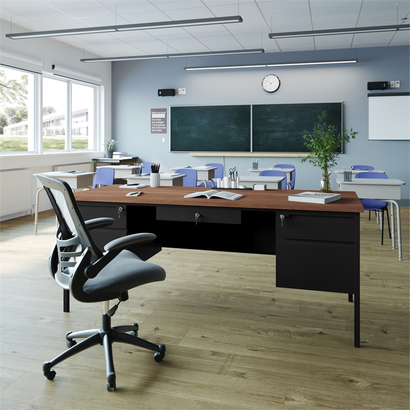 Commercial Double Pedestal Desk with 5 Locking Drawers in Walnut-50x70