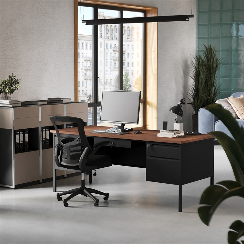 Commercial Double Pedestal Desk with 5 Locking Drawers in Walnut-50x70