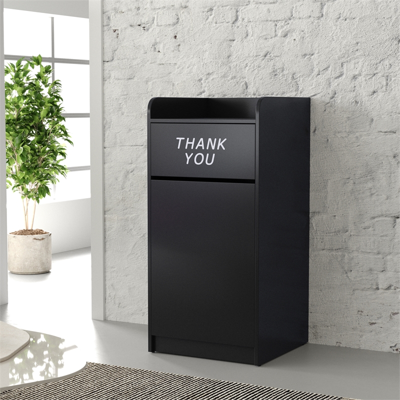 Wood Tray Top Receptacle in Black - Commercial Grade Push Door Trash Can