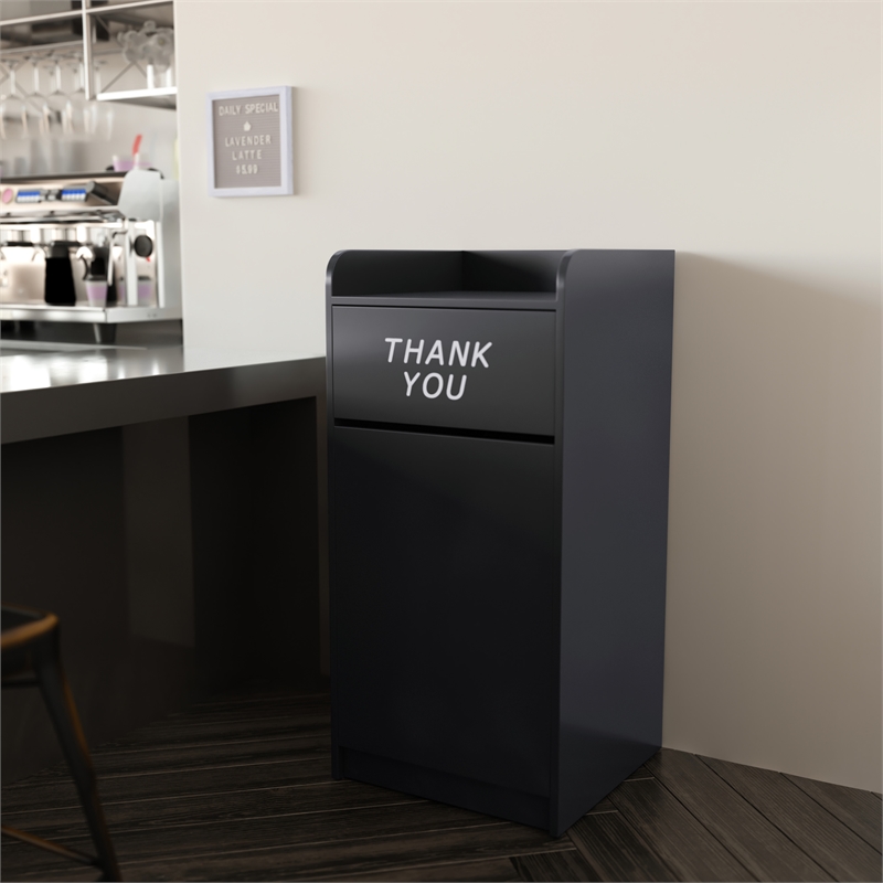 Wood Tray Top Receptacle in Black - Commercial Grade Push Door Trash Can