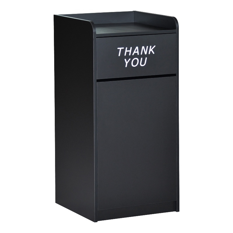 Wood Tray Top Receptacle in Black - Commercial Grade Push Door Trash Can