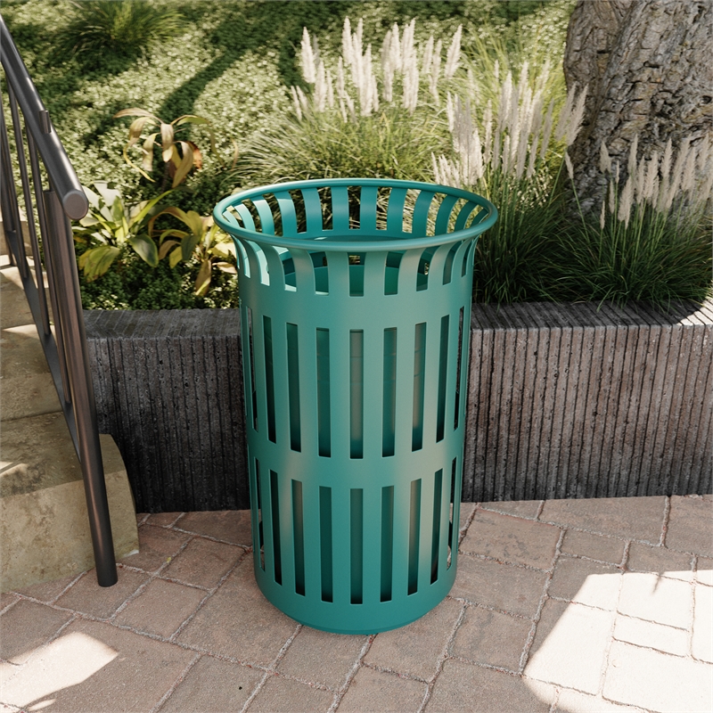Commercial Outdoor Round Slatted Steel 37 Gallon Trash Can with Inner Bin in Grn