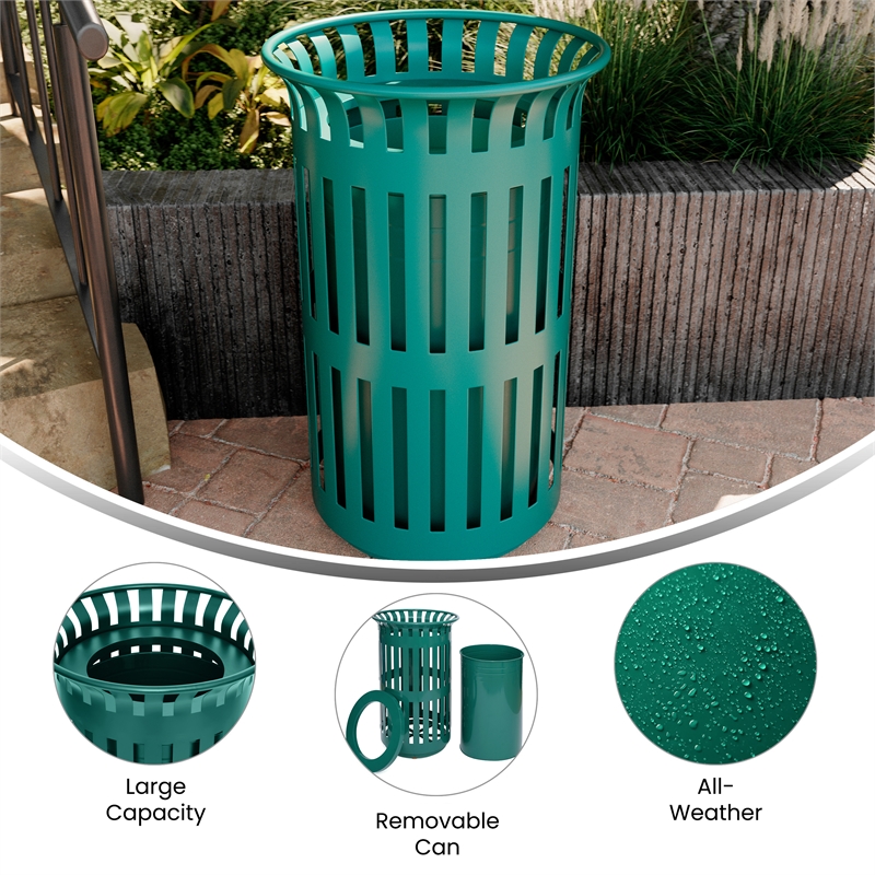Commercial Outdoor Round Slatted Steel 37 Gallon Trash Can with Inner Bin in Grn