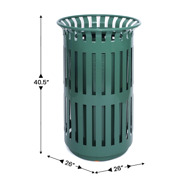 Commercial Outdoor Round Slatted Steel 37 Gallon Trash Can with Inner Bin in Grn