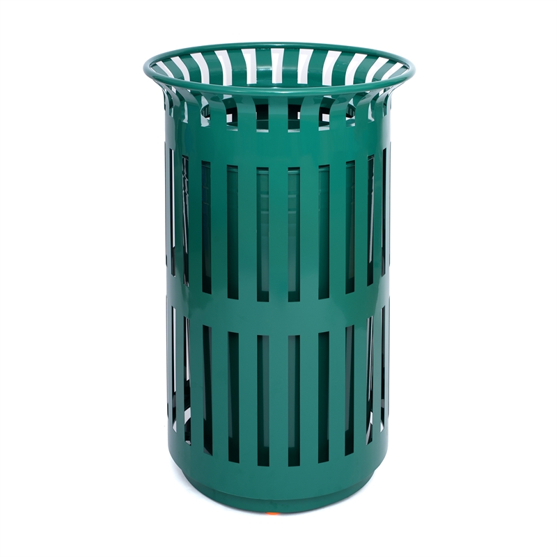 Commercial Outdoor Round Slatted Steel 37 Gallon Trash Can with Inner Bin in Grn