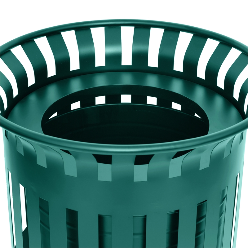 Commercial Outdoor Round Slatted Steel 37 Gallon Trash Can with Inner Bin in Grn