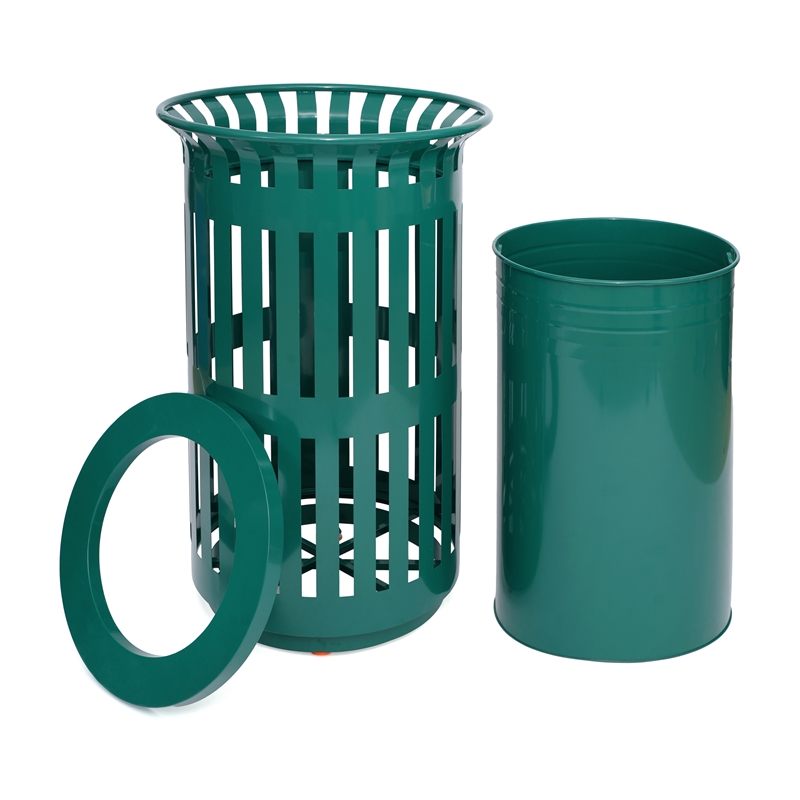 Commercial Outdoor Round Slatted Steel 37 Gallon Trash Can with Inner Bin in Grn