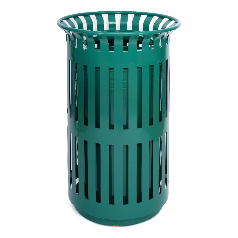 Commercial Outdoor Round Slatted Steel 37 Gallon Trash Can with Inner Bin in Grn