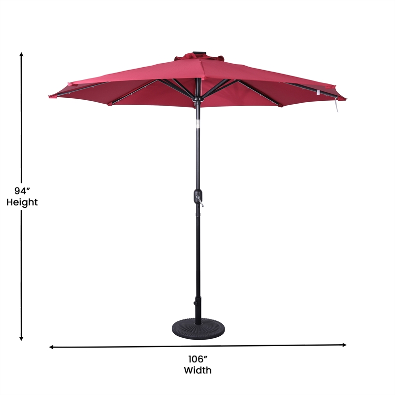 Commercial 9 FT 32 LED Light Solar Umbrella with Crank and Tilt Function in Red