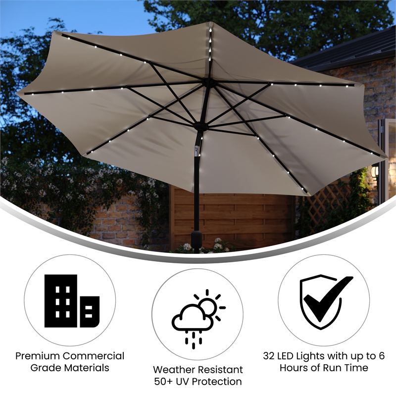 Commercial 9 FT 32 LED Light Solar Umbrella with Crank and Tilt Function in Tan