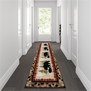 Wandering Bear and Cub Rustic Olefin Area Rug in Brown - Jute Backing - 3' x 10'