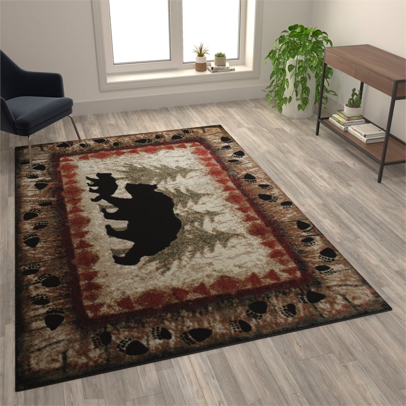 Wandering Bear and Cub Rustic Olefin Area Rug in Brown - Jute Backing - 6' x 9'