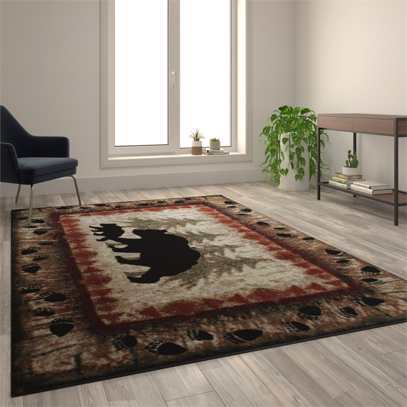 Wandering Bear and Cub Rustic Olefin Area Rug in Brown - Jute Backing - 6' x 9'