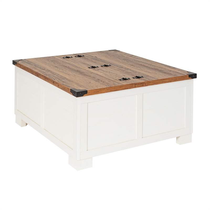 Farmhouse Coffee Table with Hinged Lift Top and Storage in White/Rustic Oak