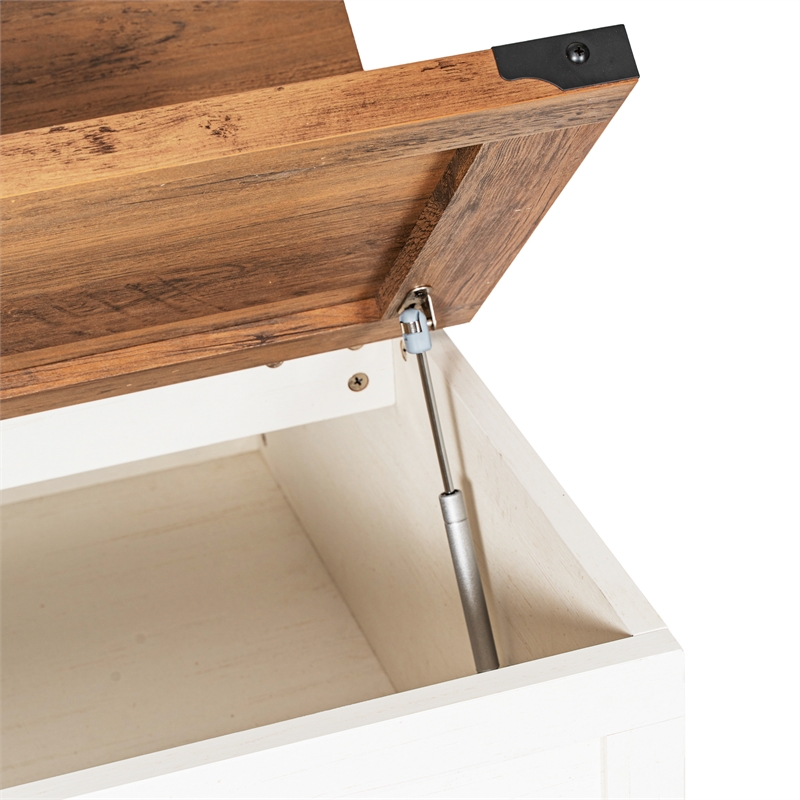 Farmhouse Coffee Table with Hinged Lift Top and Storage in White/Rustic Oak