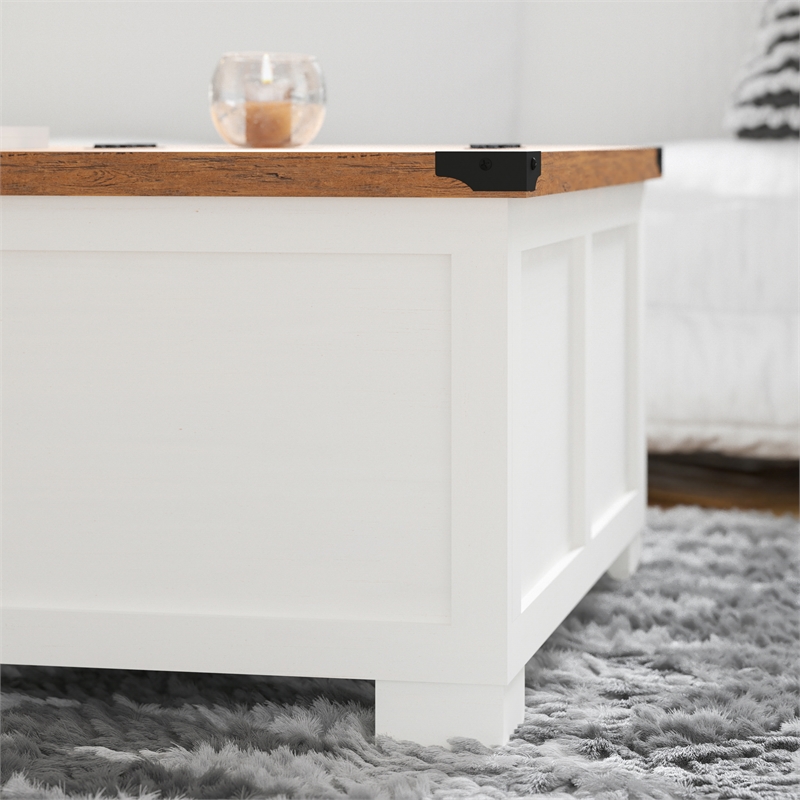 Farmhouse Coffee Table with Hinged Lift Top and Storage in White/Rustic Oak