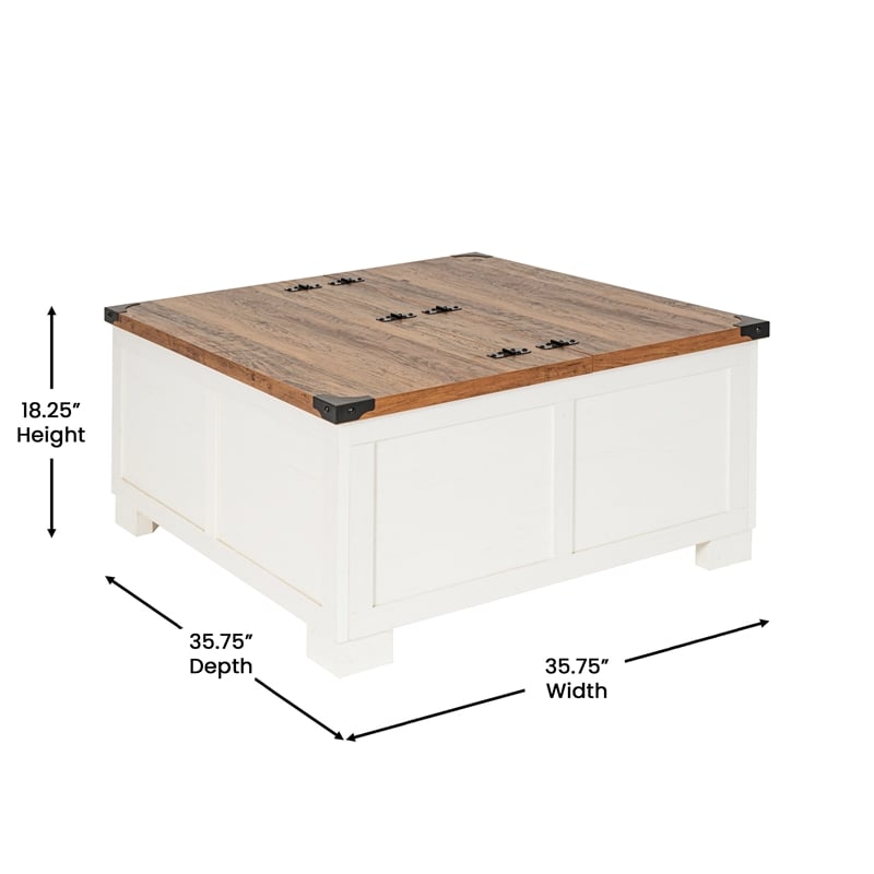 Farmhouse Coffee Table with Hinged Lift Top and Storage in White/Rustic Oak