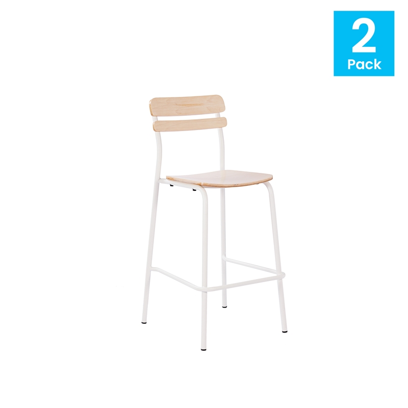 2PK Commercial Solid Wood Bar Stools with White Frames and Antique White Finish