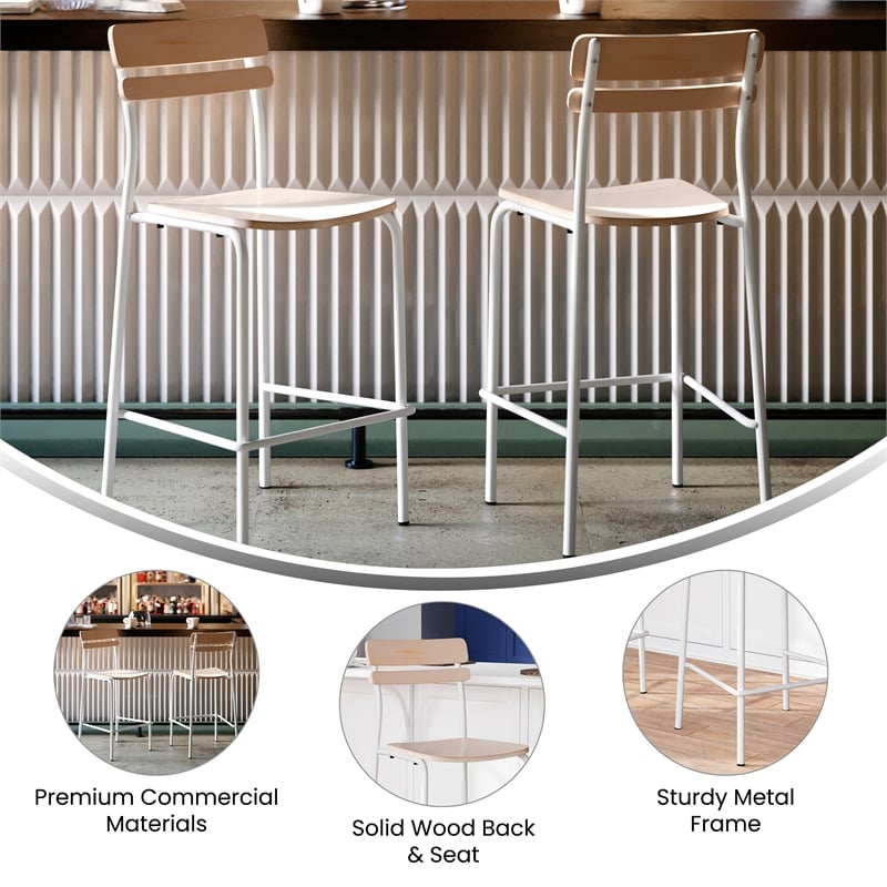 2PK Commercial Solid Wood Bar Stools with White Frames and Antique White Finish