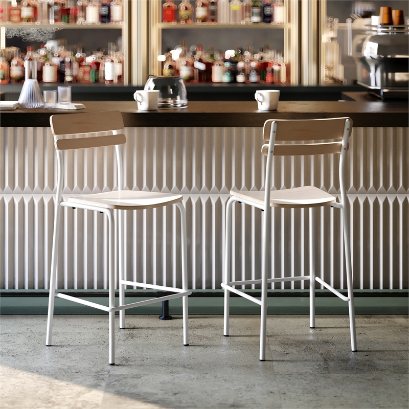 2PK Commercial Solid Wood Bar Stools with White Frames and Antique White Finish