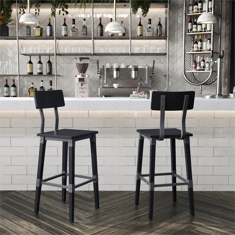 2 Pack Commercial Rustic Black Industrial Style Wood Dining Barstool