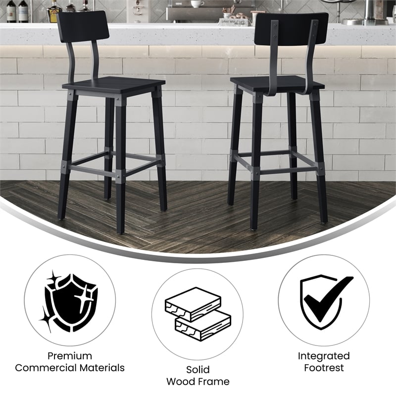 2 Pack Commercial Rustic Black Industrial Style Wood Dining Barstool