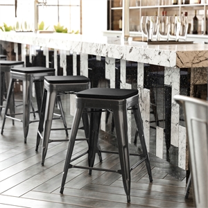 All-Weather Black Commercial Backless Counter Stools-Black Poly Seat-4 PK