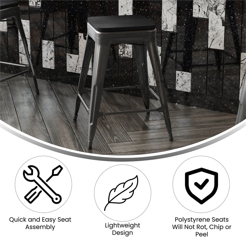 All-Weather Black Commercial Backless Counter Stools-Black Poly Seat-4 PK