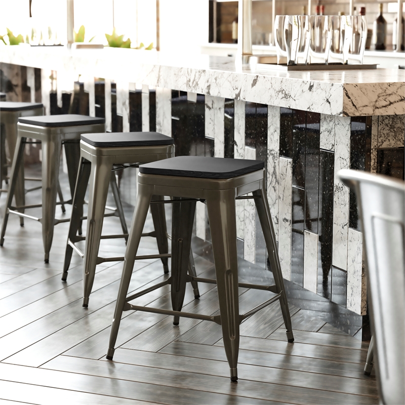 All-Weather GN Commercial Backless Counter Stools-Black Poly Seat-4 PK
