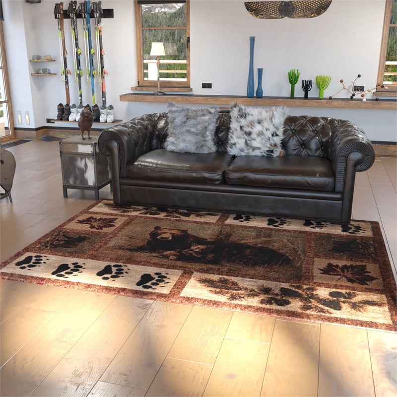 Nature Inspired Mother Bear with 2 Cubs Brown Indoor Olefin Area Rug - 6' x 9'