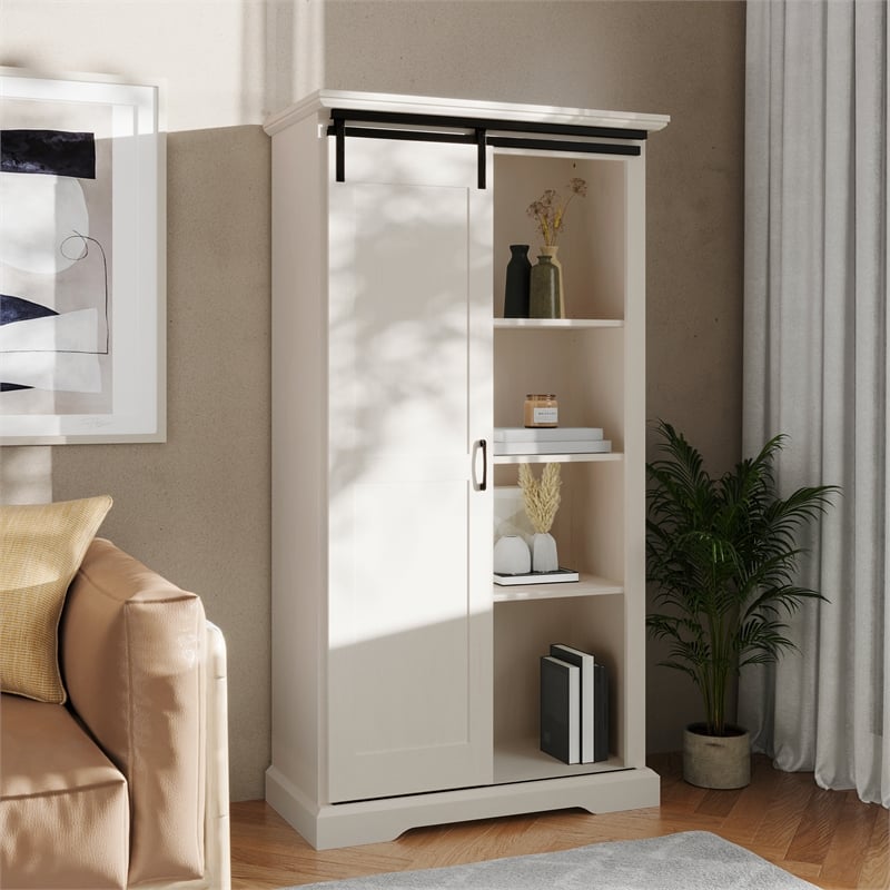Farmhouse Storage Cabinet with Adjustable Shelves and Sliding Barn Door - White