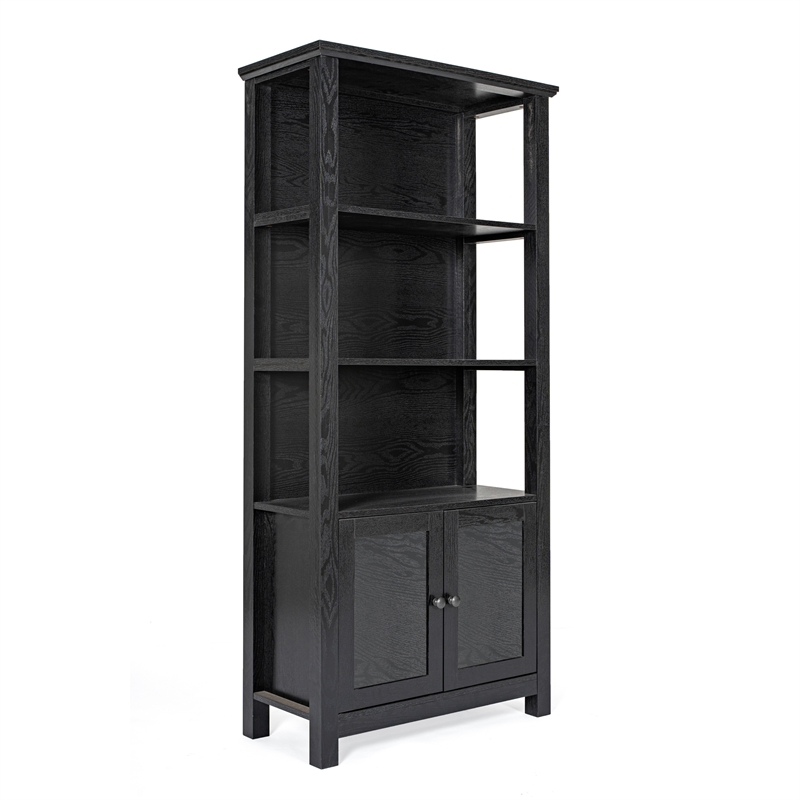3 Tier Farmhouse Style Storage Cabinet Bookshelf with Glass Doors - Black